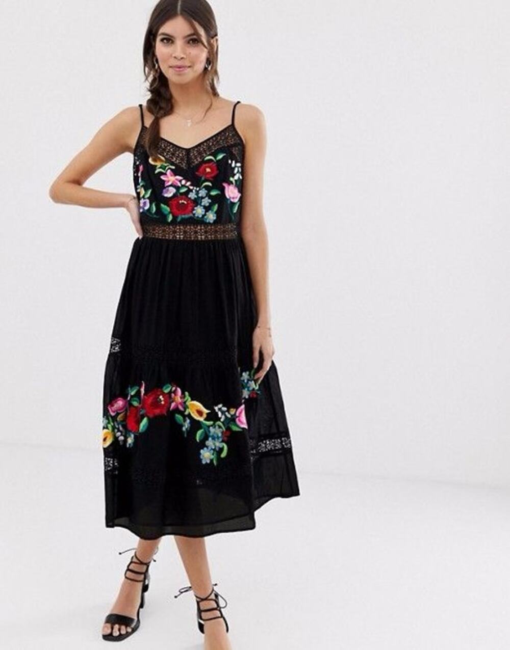 ASOS Black Floral Embroidered Lace Midi Dress Boho V Neck Festival Size 6